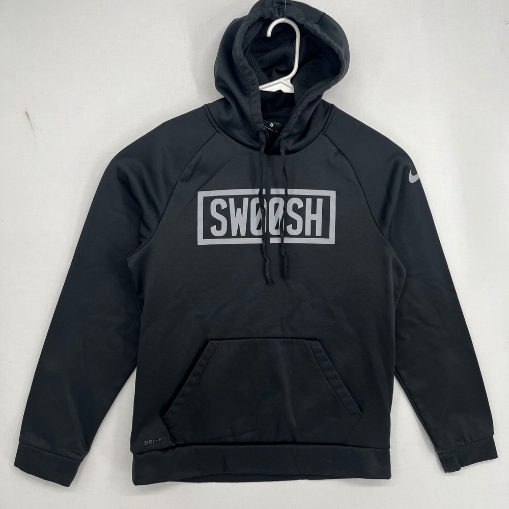 Nike Dri-FIT Hoodie Black Swoosh Graphic Pullover Sweatshirt Mens Small